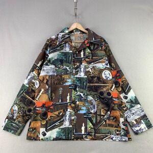 VTG 70s Montgomery Ward Shirt Mens Large Photo Print Hunting Cabin Guns Western